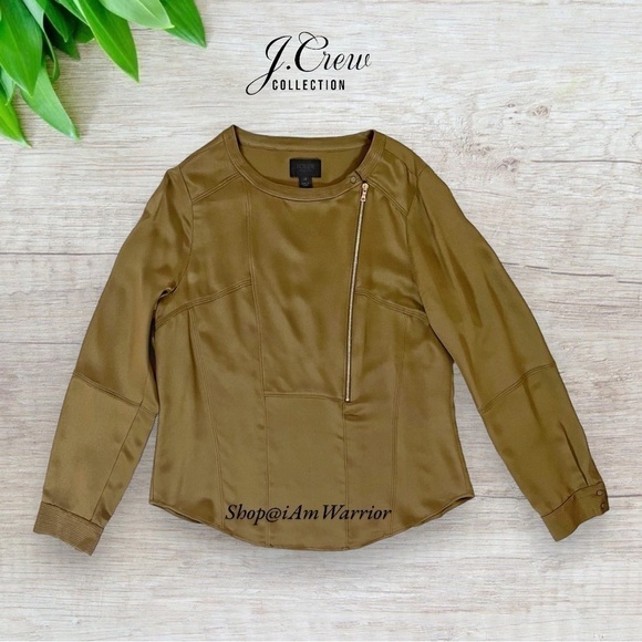 J.Crew Collection olive/brown luxe silk asymmetrical zip top *shop@iamwarrior - Picture 5 of 10